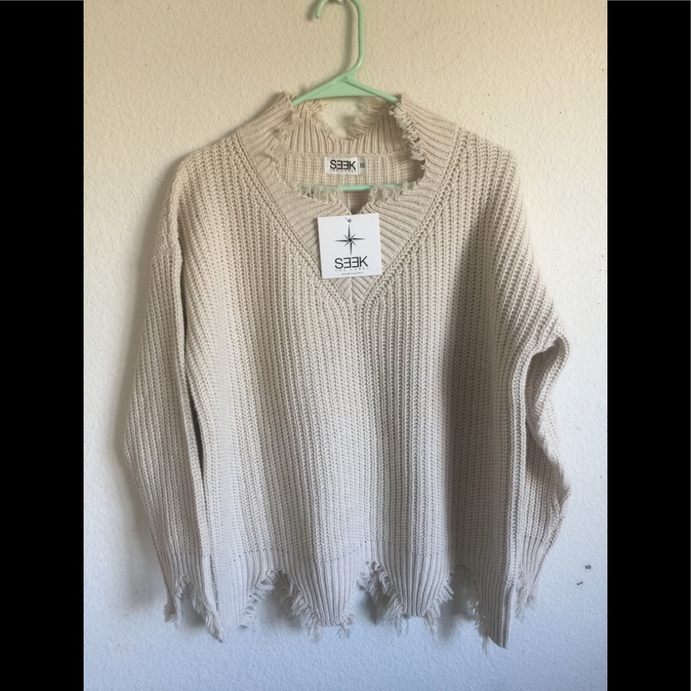 LF cream oversized distressed turtleneck sweater